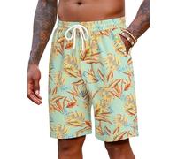 COOFADNY Short Hombre Cintura Elástica con Bolsillos Surf Hawaiano Pantalones de Playa Estampado con Cordón Ajustable Ligero Casual Verano Estampado Tropical Verde Y Dorado XL