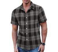 COOFANDY Camisa de hombre a cuadros de manga corta para el tiempo libre, corte regular, camisa informal, C-negro&gris, XL
