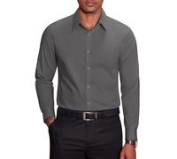 COOFANDY Camisa de hombre de manga larga, elástica, fácil de planchar, camisas de negocios, color liso, corte regular, camisas informales, camisas para hombre, traje de camisa, gris oscuro, S