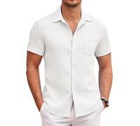 COOFANDY Camisa de Manga Corta para Hombre Camisa Casual Hawaii de Verano Camisa Informal para Hombre Camisa con Textura para Hombre Camisa de Playa con Bolsillo Blanco L