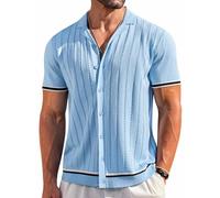 Coofandy Camisa de Punto de Manga Corta para Hombre, Casual, con Botones, Vintage, a Rayas, para Golf, Playa, Azul traslúcido, Medium