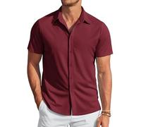 COOFANDY Camisa de Verano Hombre Brazo Corto no Planchado Business Regular fit Casual Camisa Casual Exterior botón bajo Vino Tinto L