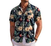 COOFANDY Camisa Hawaiana Hombre Camiseta de Verano de Manga Corta Camisas para Vacaciones de Playa con Bolsillo Azul Marino Flor L