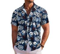 COOFANDY Camisa Hawaiana Hombre Camiseta de Verano de Manga Corta Camisas para Vacaciones de Playa con Bolsillo Flor Azul L