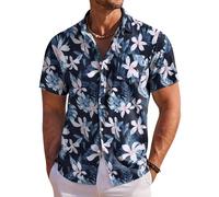 COOFANDY Camisa Hawaiana Hombre Camiseta de Verano de Manga Corta Camisas para Vacaciones de Playa con Bolsillo Azul Marino Blanco Flor 3XL