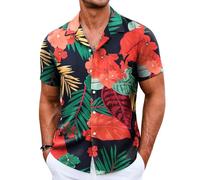 COOFANDY Camisa Hawaiana Hombre Manga Corta Camisa de Playa Funky Casual Camisas de Verano con Bolsillo Flor Hoja azulmarino XXL