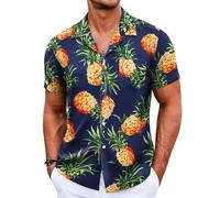 COOFANDY Camisa Hawaiana Hombre Manga Corta Camisa de Playa Funky Casual Camisas de Verano con Bolsillo Piña azulmarino XXL