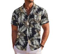 COOFANDY Camisa hawaiana para hombre, camisa de verano de manga corta, camisa informal para hombre, camisa de flores, vacaciones, playa, camisa de corte regular, Flor amarilla negra, L