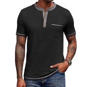 COOFANDY Camisa Henley de Manga Corta para Hombre Casual T-Shirts Camiseta Informal de Verano con Bolsillo Negro XL