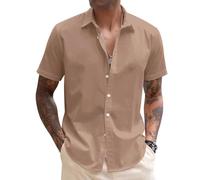 COOFANDY Camisa Hombre Manga Corta Casual Camisa Lino De Playa Ligera Sencilla De Ajuste Regular De Verano para Caqui Oscuro XXL