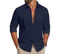 COOFANDY Camisa Hombre Manga Larga 100% Algodón Textura Lino - Camisa Casual Verano Transpirable para Playa Vacaciones Azul Marino XXL
