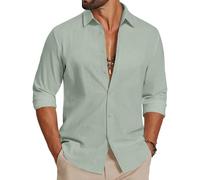 COOFANDY Camisa Hombre Manga Larga 100% Algodón Textura Lino - Camisa Casual Verano Transpirable para Playa Vacaciones Verde Claro XL