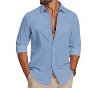 COOFANDY Camisa Hombre Manga Larga 100% Algodón Textura Lino - Camisa Casual Verano Transpirable para Playa Vacaciones Azul Claro L