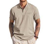 COOFANDY Camisa para Hombre Verano Manga Corta Camisa Playa Henley Shirt Camiseta de Verano Camisa Informal Cuello Camisas Informales Verano la Playa Camisa básica caquis M