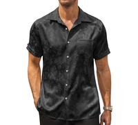 Coofandy, Camisa veraniega de Seda y satén de Manga Corta con Botones para Hombre, para Playa o Boda, 01 Negro, Large