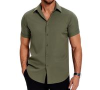 COOFANDY Camisas De Manga Corta para Hombre Camisa Informal Camisa De Ocio De Verano Camisa Trabajo Elástica Camisas Trabajo Sin Plancha Camisa Vacaciones Básica Verde Militar S