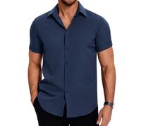 COOFANDY Camisas De Manga Corta para Hombre Camisa Informal Camisa De Ocio De Verano Camisa Trabajo Elástica Camisas Trabajo Sin Plancha Camisa Vacaciones Básica Azul Marino S