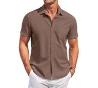 COOFANDY - Camisas de manga corta sin arrugas para hombre, para la playa y el verano, top casual de tela elástica suave para vacaciones y oficina, marrón, L