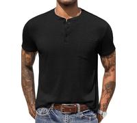 COOFANDY Camiseta Henley para Hombre Camisas de Manga Corta de Verano Lisas para Hombre Camiseta básica de Ocio con botón de Bolsillo Negro L
