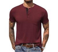 COOFANDY Camiseta Henley para Hombre Camisas Lisas de Manga Corta para Hombre Camiseta básica Informal Suave con botón de Bolsillo Rojo Vino XL
