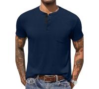 COOFANDY Camiseta Henley para Hombre Camisas Lisas de Manga Corta para Hombre Camiseta básica Informal con botón de Bolsillo Azul Marino M