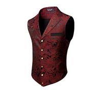 COOFANDY Chaleco de traje para hombre, estampado floral, victoriano, gótico, steampunk, formal, chaleco de esmoquin con solapas con muescas, rojo vino, S
