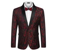 Coofandy Chaqueta de Esmoquin Floral para Hombre, con Solapa, para Cena, graduación, Boda, Rojo Vino, Large