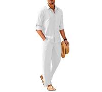 COOFANDY - Conjunto de 2 piezas de pantalón y camisa de lino para hombre, camisa cubana de manga larga con botones y pantalón de verano, conjunto para la playa, Blanco, XX-Large
