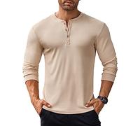 COOFANDY Hombres Básico Camisetas de Manga Larga Henley Camisetas Casual Camiseta con Botones Camisa Lisa Ligero Camisetas Camisa de Fondo Caqui XL