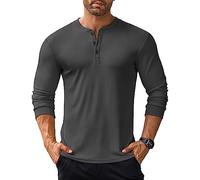 COOFANDY Hombres Henley Camisetas de Manga Larga Casual Camiseta con Botones Básico Camisetas Camisa de Fondo Gris Oscuro L