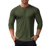 COOFANDY Hombres Henley Camisetas de Manga Larga Casual Camiseta con Botones Básico Camisetas Camisa de Fondo Verde Militar XL