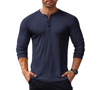 COOFANDY Hombres Henley Camisetas de Manga Larga Casual Camiseta con Botones Básico Camisetas Camisa de Fondo Azul Oscuro L