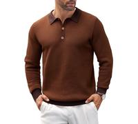 COOFANDY Jersey de punto para hombre de manga larga con cuello de polo, básico, de un solo color, marrón oscuro, L