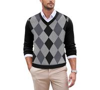 COOFANDY Jersey Hombre Cuello V Jersey de Punto Tejido Fino Suéter Manga Larga Casual y Elegante Pullover Ligero para Otoño Invierno Sweater Básico Diseño Argyle Negro y Gris XXL