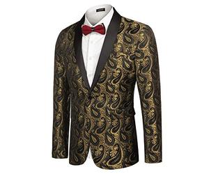 COOFANDY Mens Lapel Jackets Paisley Blazer Tuxedo Dinner Jacket Regular Fit Smart Coat Retro One Button Party Golden Yellow S