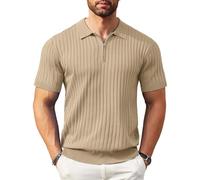 COOFANDY Polos para Hombre Golf Rayado Polo Manga Corta con Cremallera Verano Negocios Ajustado Camisa Polo para Hombre Caqui Talla XXXL