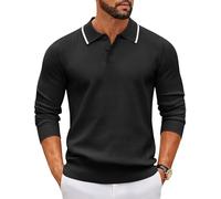 COOFANDY Sudadera para Hombre con Cuello Polo Manga Larga Trama Fina Banda de Botones Estilo Casual Básico Ajuste Regular Camisa Polo para Hombres Negro L