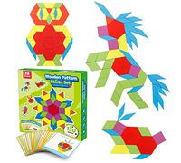 Coogam 130 Piezas Bloques de Patrones de Madera Juego de Forma geométrica de manipulación Manipulative - GráficosTangram Juguetes Regalo de Regalo de Stem para niños con 24 Piezas Tarjetas de diseño