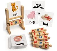 Coogam Bloques de color Juegos de ortografía, tarjetas flash, rompecabezas de madera con letras a juego, palabras visuales 2 en 1 Montessori, juguete de aprendizaje manipulativo con alfabeto giratorio