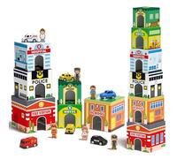 Coogam Juguetes de clasificación y apilamiento para niños pequeños con garajes anidados para autos, números, bloques apilables para niños, aprendizaje de la comunidad, ayudantes, juguetes educativos