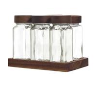 COOK CONCEPT - KA0366, Tarros para Especias de Vidrio con Bandeja de Acacia, Tapas Herméticas para Conservación Óptima, Etiquetas Personalizables, 6 Piezas, Transparente, Tamaño Estándar