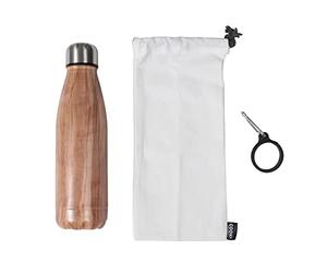 COOK CONCEPT - KA4655 - Set Botella Isotérmica INOX Efecto Madera con Mosquetón y Bolsa Beige y Marrón - Dimensiones 26 x 8,5 x 18 cm - Capacidad 500 ml - Color Efecto Madera