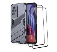 COOKD Funda para Xiaomi Poco F4 y 2 Piezas Cristal Templado, PC + TPU Silicona Tough Armor Protección Carcasa, Robusta Antigolpes Estuche con Soporte Vertical y Horizontal, Gris