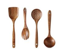 Cooking Utensils Set - Of 4 Natural Teak Wooden Spoons For Cooking | Non Stick Safe Cookware Spatula Set | Soup Spoon Mixing Stirring Turner For Frying Serving