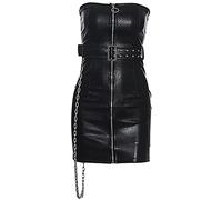COOKOE Vestido de cuero negro con cremallera para mujer, sin tirantes, ajustado, para club, fiesta, cinturón de cadena