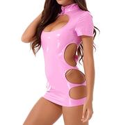 COOKOE Vestido sexy para mujer, de aspecto mojado, de cuero, minivestido de pecho de PVC, látex, con agujero lateral, ropa de club