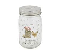 Cooksmart Hen House Lane - Tarro de Cristal para Dinero, diseño de Granja, Vidrio Transparente con Tapa de Rosca Plateada y Ranura para Monedas, decoración Divertida y práctica para el hogar, Ideal