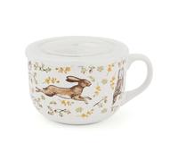 Cooksmart Taza de sopa de fábula del bosque con tapa, cuenco de sopa de gres de diseño británico, taza inspirada en el bosque con asa y tapa de plástico, vajilla rústica de granja, apta para