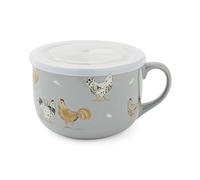 Cooksmart Taza de sopa Hen House Lane, taza de cerámica de 600 ml con tapa de plástico, diseño rústico de gallina de granja, apta para lavavajillas y microondas, ideal para sopas y bebidas calientes