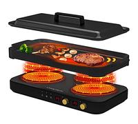 COOKTRON Portable Induction Cooktop 2 Burner with Removable Iron Cast Griddle Pan Non-stick, 1800W Double Induction Cooktop with Child Safety Lock & Time, Great for Family Party